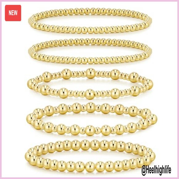 14K Gold Plated Beaded Bracelet Set Stackable Adjustable 5PCS - Picture 2 of 8